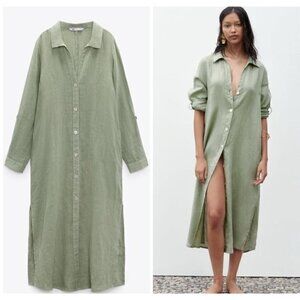 Zara 100% Linen Shirt Dress Long Sleeve Khaki Green Button Front
